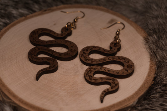 Snake Floral Moon Wooden Earrings